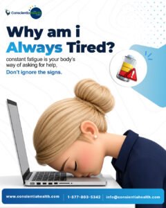 Why am I always tired? Person experiencing persistent fatigue while learning about mental health causes such as anxiety, depression, ADHD, stress, and burnout.